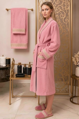 Premium %100 Pamuk Unisex Şalyaka Cepli Bornoz Seti 4 Parça Havlu Terlik Takımı Pembe Pembe