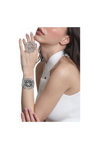 Labalaba Kadın Antik Gümüş Kaplama Ayarlanabilir Geniş Band Örümcek Ağı Figürlü Bileklik & Yüzük Set Gümüş