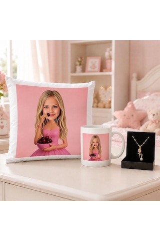 Bk Gift Kişiye Özel Karikatürlü Oyuncak Bebek Tasarımlı Kırlent Yastık & Beyaz Kupa & Kolye -32 Kız Çocuklarına Özel Hediye Seti