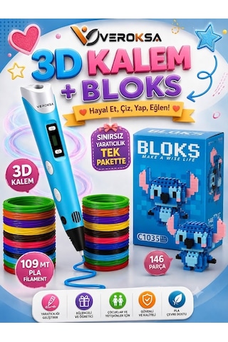 Mavi 3d Kalem + 146 Parça Bloks Seti Yaratıcılığını Tek Pakette Keşfet Stitch109