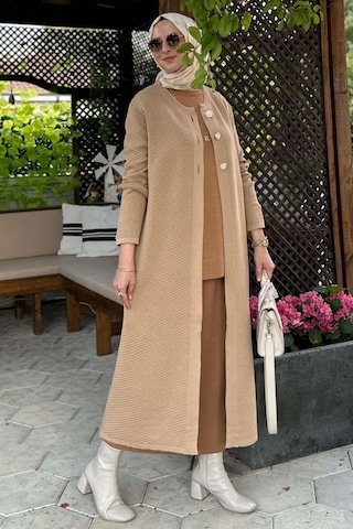 Rabia Şamlı Sinem Çelik Örme Triko Hırka Bej Normal