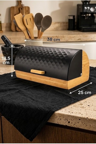 Bambu Gövdeli Siyah Pane Ekmek Dolabı 38x25x18.5 Cm - Mekanizmalı Metal Kapaklı Ekmeklik