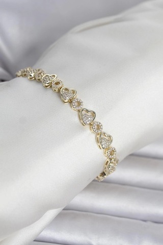 Pirinç Gold Renk Zirkon Taşlı Kalp Model Kadın Bileklik Çok Renkli 93099788