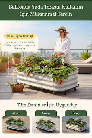 Modüler Yükseltilmiş Balkon Ve Teras Tekerlekli Sebze Yatağı No:4 110x60 Bej