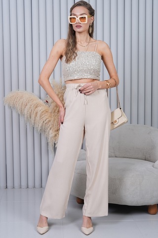 Polologin Butik Beli Bağcıklı Yüksek Bel Bol Paça Taş Renkli Pantolon Krem