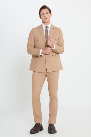 Ac&Co / Altınyıldız Classics Erkek Cml Slim Fit Dar Kesim Kırlangıç Yaka Beli Bağlamalı Çizgili Esnek Kruvaze Takım Elbise Cml Camel