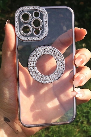 Apple Uyumlu iPhone 13 Pro Kılıf Kamera Korumalı Taş Süslemeli Arkası Şeffaf Redclick Asya Kapak - Rose Gold