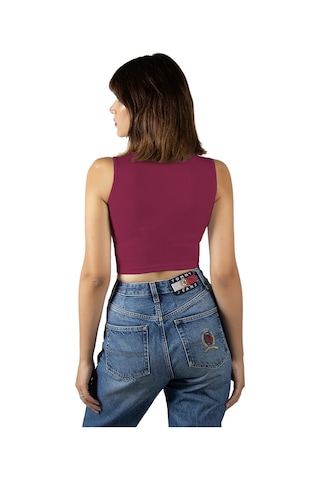 Terapi Men Fuşya Fitted/vücuda Oturan Crop Halter Yaka Fitilli Esnek Örme Bluz Atlet FUŞYA