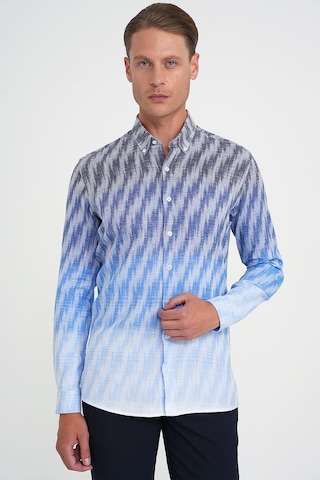 Comfort Fit Pano Desen Düğme Yaka %100 Keten Mavi Gömlek G 1594 Mavi