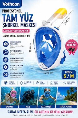 Tam Yüz Şnorkel Maskesi Dalış Maskesi Kadınlar Çocuklar İçin Kulak Tıkacı Hedıye S/m Mavi