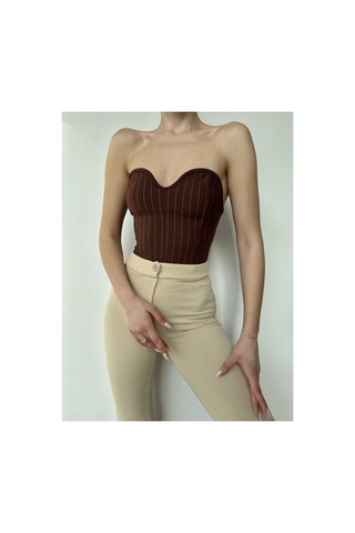 Wellway Ithal Crep Çizgili Kadın Bustiyer-crop Kahverengi Kahverengi
