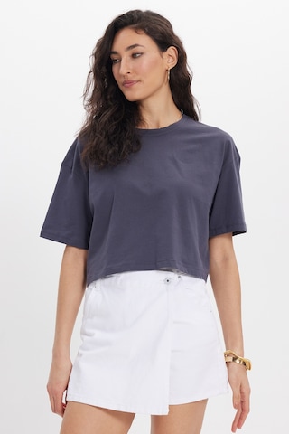 Tudors Kadın Slim Fit Dar Kesim Pamuk Kısa Kollu Bisiklet Yaka Gri Crop Tişört-50469 L