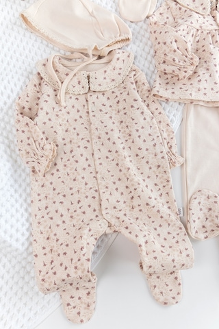 Çiçek Desenli 10'lu Kız Bebek Hastane Çıkışı Bebek Takımı Bej
