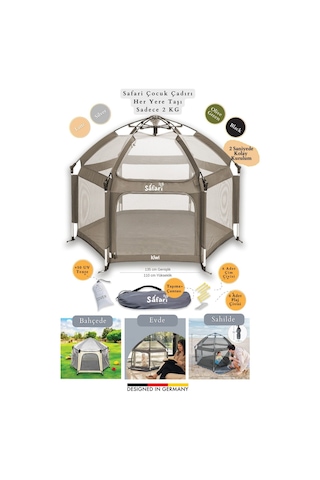 Kiwi Safari Çocuk-bebek Oyun Parkı Çadırı +50 Uv Korumalı,kolay Kurulum,alüminyum Sağlam Gövde - Latte
