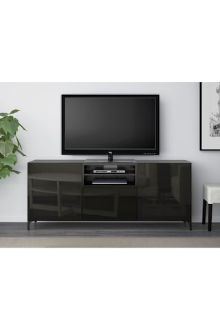 Tv Sehpası, Venge-parlak Cila-siyah-füme Cam, 180x40x74 Cm, Selsvıken/glassvık, Fren Raylı Gri