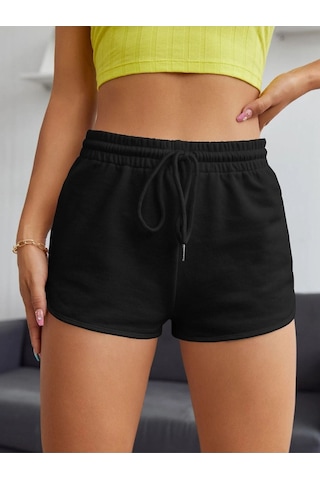 Siyah Yırtmaçlı Bermuda Penye Şort - Penye Baskılı Kordonlu Siyah