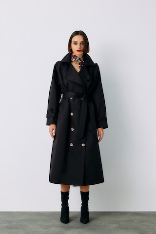Sateen Kuşaklı Uzun Trenç - Siyah-135230 Siyah