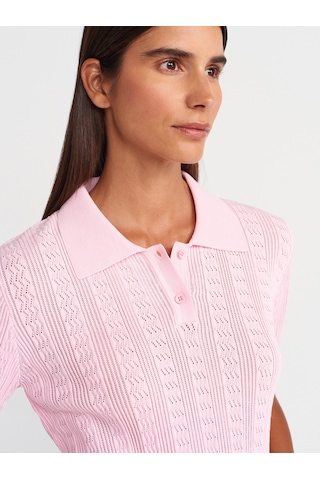 Dilvin 10781 Polo Yaka Düğmeli Ajurlu Triko Bluz-pembe Pembe
