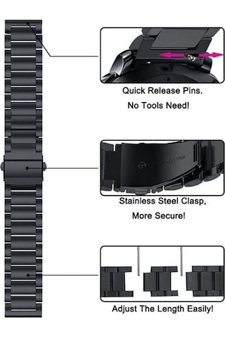 Springsun Huawei Watch Gt2 46mm, Honor Magic Watch 2/1 46mm Uyumlu 22mm Paslanmaz Çelik Üç Pırlanta Kordon - Orta Gümüş, Kenar Siyah