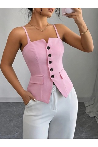 DefyModa Kadın Askılı Önü Döğmeli Atlas Bluz Pembe
