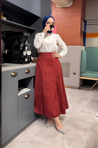 Etk005 Yandan Fermuarlı Kraşlı Kloş Etek Bordo