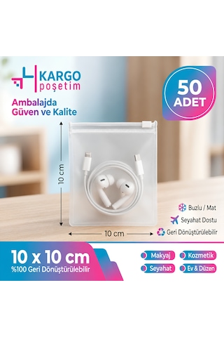 10x10 Cm Fermuarlı Buzlu Şeffaf Poşet - Takı, Düğme & Aksesuar Düzenleyici Fermuarlı Torba 130 Micron -50 Adet