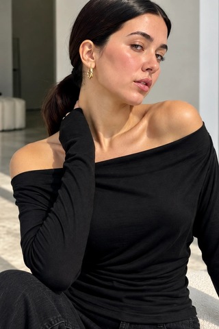 Bb Butik Basic Kadın Madonna Yaka Dökümlü Modal Uzun Kollu Bluz My3535 siyah