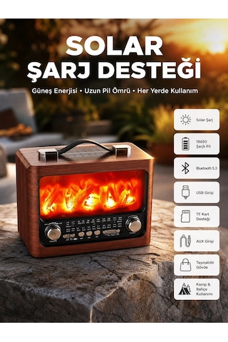 Taşınabilir Şömine Görünümlü Bluetooth Hoparlör Solar Şarjlı, Alev Işıklı, 7w Ses - 5000