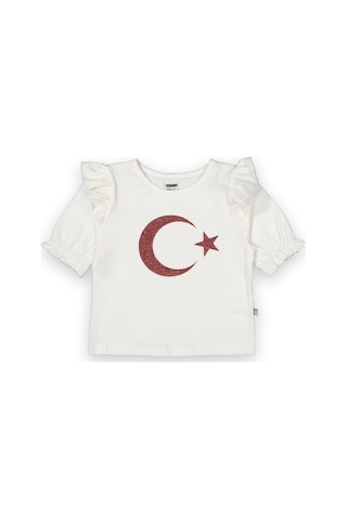Novy Baby Novy-23 Nisan Türk Bayraklı Omuz Fırfırlı KızÇocuk Tişört 2-9 Yaş
