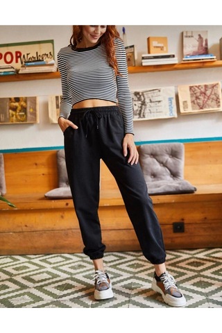 Unisex Siyah Cepli Beli Bağcıklı Basic Eşofman Altı Jogger Siyah