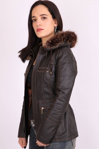 Kahverengi Hakiki Deri Kürklü Çıkarılabilir Kapüşonlu Mont Kaban