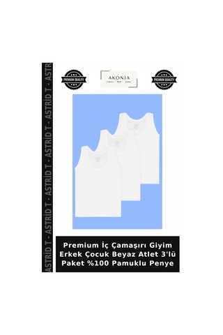 Astrid T Premium İç Çamaşırı Giyim Erkek Çocuk Beyaz Atlet 3'lü Paket %100 Pamuklu Penye