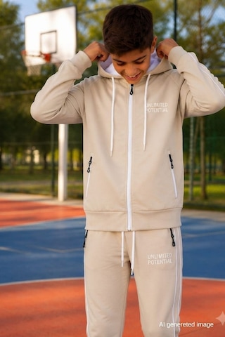 Pina Kids Erkek Çocuk Scuba Unlimited Çift Şeritli Kapüşonlu Reglan Kol Dalgıç Kumaş Eşofman Takımı Esf7024 Krem