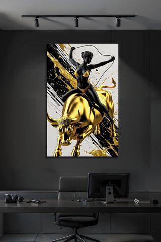 Altın Boğa Ve Modern Kadın Sanat Temalı Dekoratif Lüks Cam Tablo Portre Temalı Dekoratif Duvar Tablosu, Salon Ve Yatak Odası Dekoru,