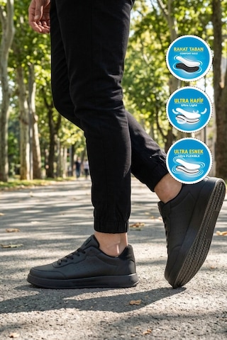 Walkway Siyah Büyük Numara Bağcıklı Cilt Erkek Spor Ayakkabı 158 M