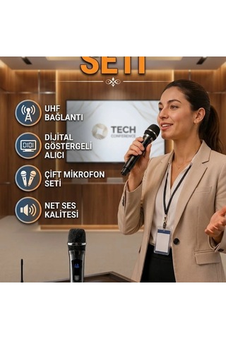 Uhf Çift Kablosuz Mikrofon Seti Dijital Göstergeli Alıcı
