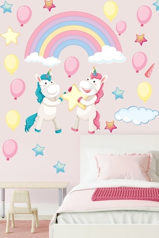 Sevimli Unicorn Gökkuşağı Bulutlar Ve Yıldızlar Sticker