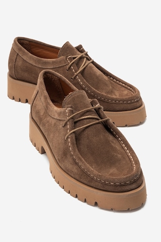 Luvi Shoes Talıa Toprak Süet Hakiki Deri Bağcıklı Kadın Loafer Ayakkabı