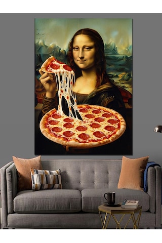Pizza Yiyen Mona Lisa Portresi Dekoratif Kanvas - Mdf Ahşap Tablo