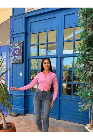 WeShaya Pembe Polyester Pamuk Parçalı Gömlek Pembe