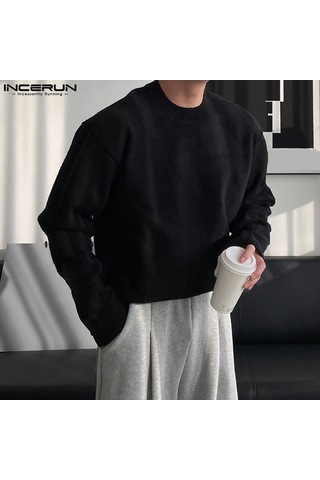 Incerun Erkek Sonbahar Kalın Yünlü Örme Kazaklar Düz Renk Yüksek Alçak Kazaklar Mor