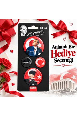 Bakgelal Atatürk 4'lü Rozet Seti Mavi Portre, Türk Bayrağı Ve İmza Tasarımlı - Bgaalk040002 Açık Mavi