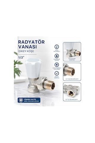Pirinç Radyatör Vanası Dikey Köşe 1/2 İnç Beyaz Başlıklı Kalorifer Petek Vanası 1 Adet