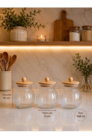 Qerhome Bambu Kapaklı Borosilikat Cam Kavanoz Seti Çizgili Erzak Ve Bakliyat Saklama Kabı 3 Ad 500 Ml Dr 55 Şeffaf
