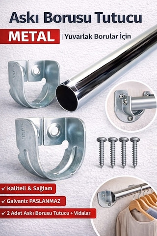 Krom Oval Boru Askı Flanşı Gardırop Dolap İçi Askılık Aparatı Mobilya Uyumlu 2 Adet Set Gümüş