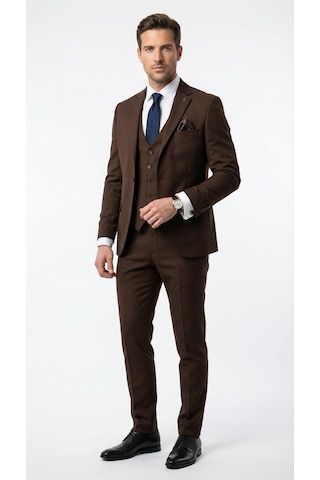 Erkek 3 Parça Slim Fit Takım Elbise Klasik Likralı Kumaş, Tek Düğme, Çift Yırtmaçlı Modern Kesim Ceket Yelek Pantolon Kahverengi