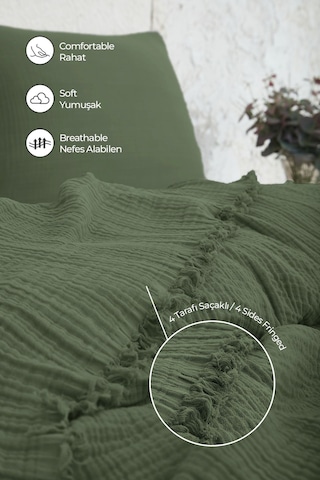%100 Pamuk Çift Kişilik Müslin Yatak Örtüsü 4 Katlı Yumuşak Battaniye Müslin Pike Takımı 3 Parça Yeşil Yeşil