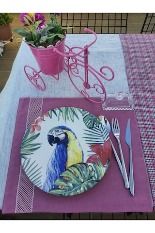 Pembe Şeritli 6 Lı Amerikan Servis Ekose Runner Seti Renkli