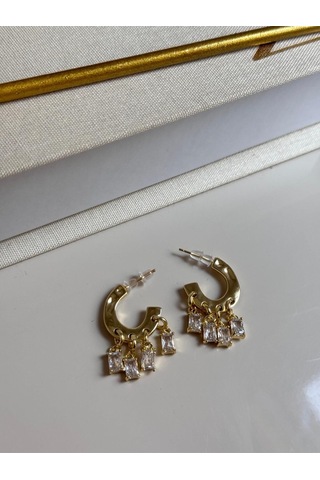 Altın Kaplama Baget Taşlı Sallantılı Halka Çelik Küpe Altın