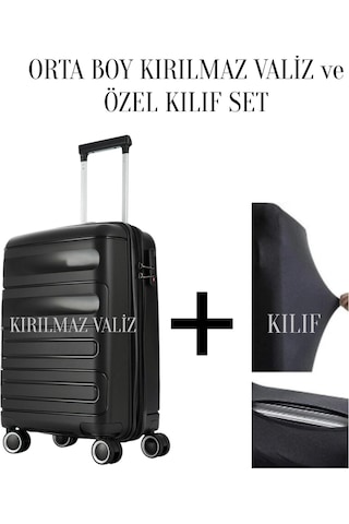 Kırılmaz Valiz Kılf Set Orta Boy Siyah Polipropilen Gövdeli 8683255012411 Siyah